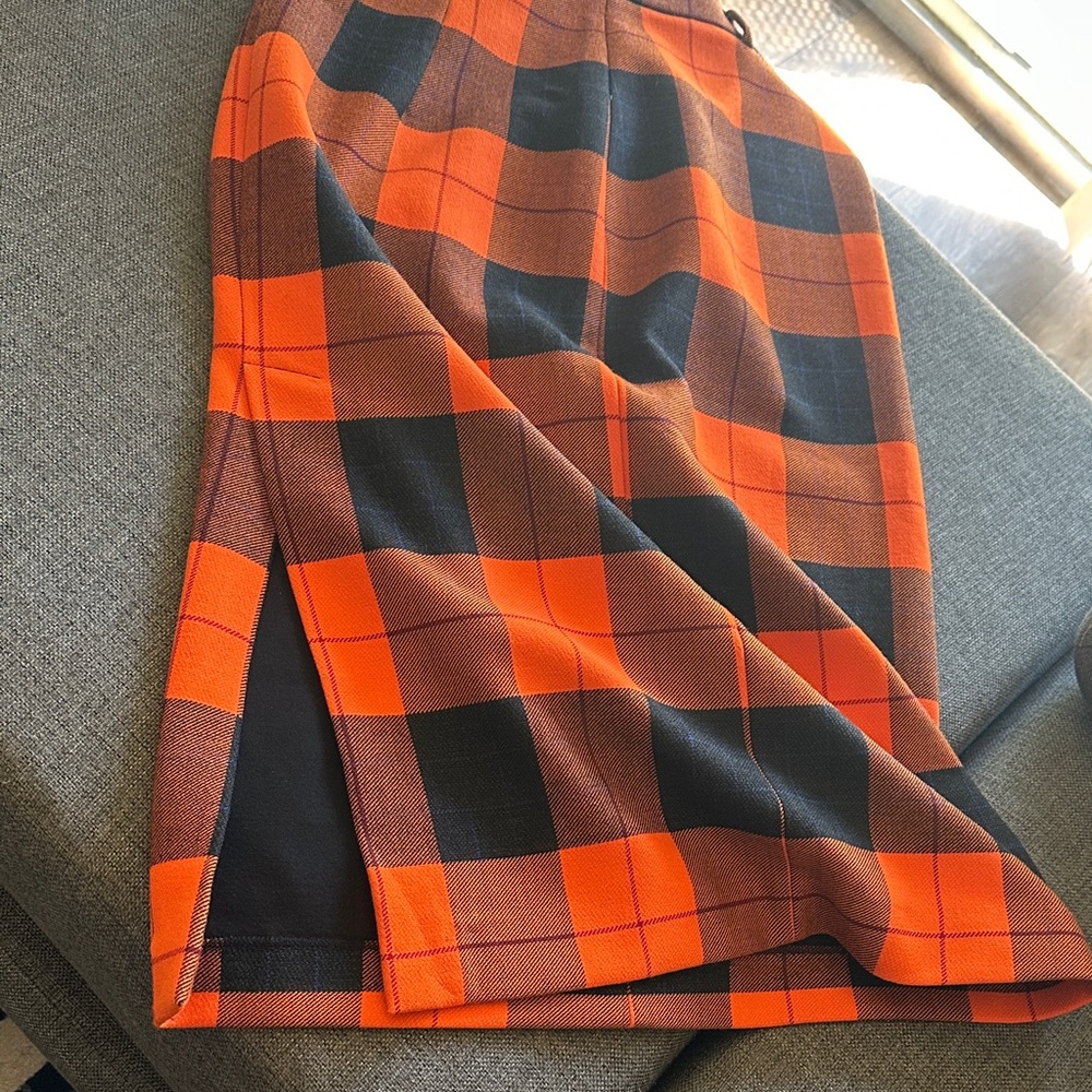 Zara Vibrant Orange and Black Plaid Pencil Skirt with Back Slit - Picture 6 of 10